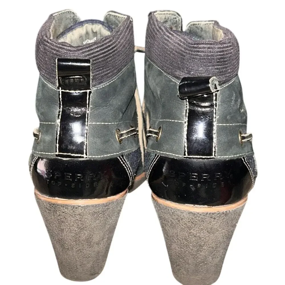 Sperry Top Sider Bailey Green Leather Wool Plaid Wedge Ankle Boots Booties 7.5